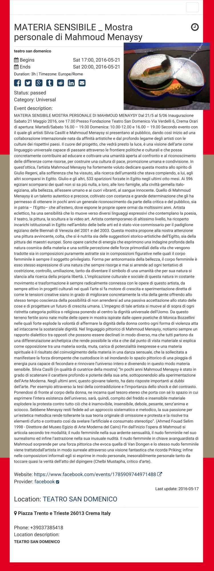 MATERIA SENSIBILE _ Mostra personale di Mahmoud Menaysy @ TEATRO SAN DOMENICO