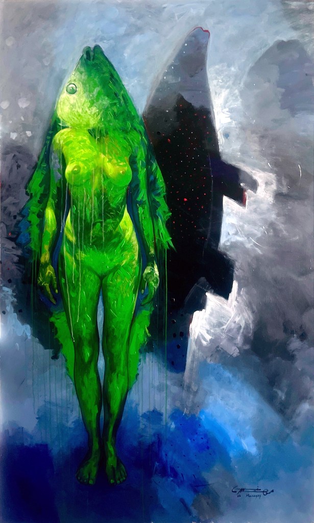 Gyptis'sCharléne's aquatic dance in Golf du Lion -1- 200x122 cm. Acrylic on canvas